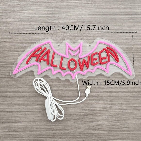 LED Bat Neon Sign Light with Dimmer and Chain for Halloween Bar Party Decor - Picture 7 of 7